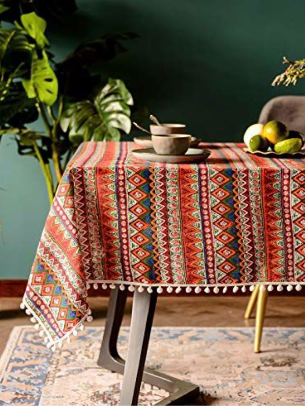 Bohemian Red Patterned Cotton Tablecloth with Pom Trim